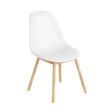 Beyaz arka planda tahta bacaklı Beyaz Modern Plastik Sandalye. 3d Hazırlama