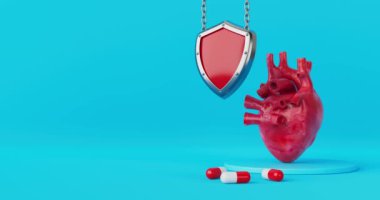 4k Çözünürlük Videosu: Kırmızı Metal Koruma Kalkanı ile İnsan Kalbi Anatomisi İç Organı Mavi Arkaplan Üzerinde Kapsül Hapları ile Podyumda Dönüyor