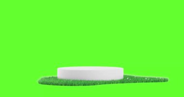 4k Çözünürlük Videosu: Beyaz Tanıtım Ürünleri Podyumu Yeşil Çimensiz Döngüsü Alfa Mate ile Yeşil Ekran Arkaplanda Dönüyor