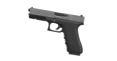 4k Çözünürlük Videosu: Güçlü Metalik Polis veya Askeri Tabanca Silahsız Döngüsü Alfa Mate ile Beyaz Arkaplanda Dönüyor