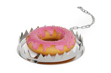 Büyük Çilekli Metal Ayı Tuzağı. Beyaz arka planda Altın serpiştirilmiş Pembe Donut. 3d Hazırlama