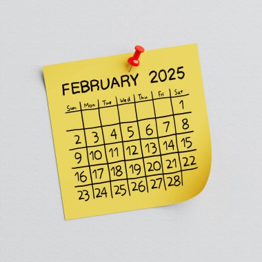 Beyaz arka planda 2025 Şubat El Yazısı Takvimi ve Raptiye İğnesi ile Sarı Not Kağıdı. 3d Hazırlama