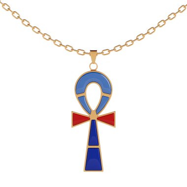 Altın Ankh Mısır Tarzı Lüks Mücevher Haçı ve beyaz arka planda Altın Zincir. 3d Hazırlama