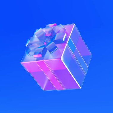 Şeffaf Cam Hediye Kutusu, Kurdele, Yay ve Parlak Işıklar mavi arka planda duruyor. 3d Hazırlama