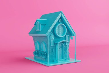 Mavi Şirin Çizgi Film Duotone Tarzı Tuğla Evi beyaz arka planda. 3d Hazırlama