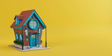 Sarı arka planda Sevimli Çizgi Film Kırmızı Tuğla Evi. 3d Hazırlama