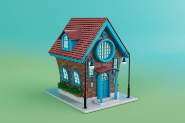 Mavi arka planda Sevimli Çizgi Film Kırmızı Tuğla Evi. 3d Hazırlama