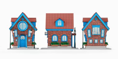 Beyaz arka planda Sevimli Çizgi Film Kırmızı Tuğlalı Ev. 3d Hazırlama