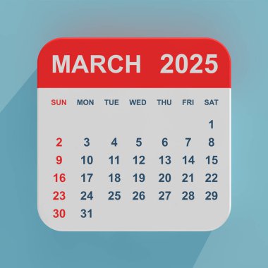 Düz Simge Takvimi Mart 2025 mavi arka planda. 3d Hazırlama