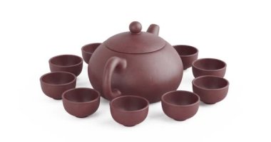 4k Çözünürlük Videosu: Teapot ve Fincan Kusursuz Döngülü Çin Clay Çay Seti Alfa Matte ile beyaz arka planda