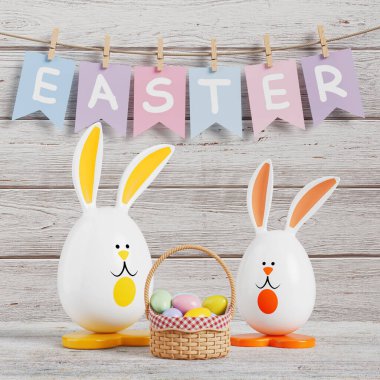 Paskalya Yumurtası Şeklinde Çizgi Tavşanlar, Paskalya İşareti Önünde Yumurta Sepeti ve Plank Ahşap arka planında Clothespin 'lerle İpte Asılı. 3d Hazırlama