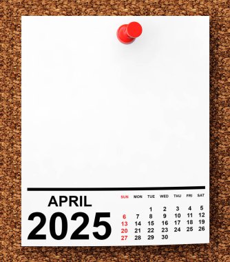 Calendar April 2025 on Blank Note Paper with Free Space for Your Text. 3d Rendering clipart