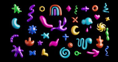 4k Çözünürlük Videosu: Alfa Matte ile birlikte siyah bir arkaplan üzerinde hareket eden Renkli Garip Organik Soyut Şekiller, Şekiller, Şekiller, Şekiller ve Grafiksel Elementler