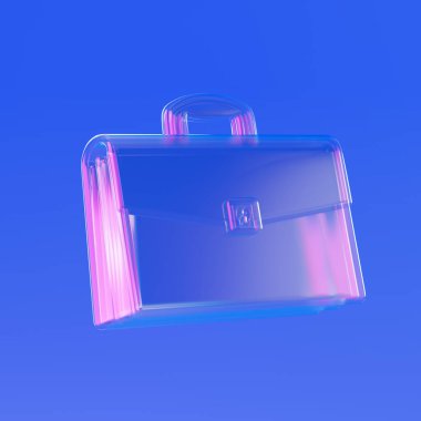 Şeffaf Cam İşletme Evrak Çantası Simgesi. Mavi arka planda parlak ışıklar var. 3d Hazırlama