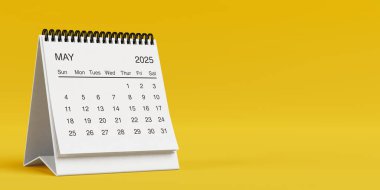 Beyaz Masa Aylık Mayıs 2025 İş Takvimi sarı arka planda. 3d Hazırlama