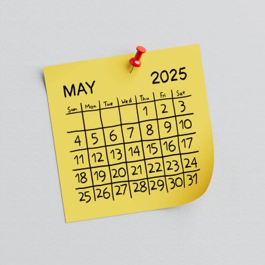 2025 Yıllık Sarı Not Kağıdı Mayıs El Yazısı Takvimi ve Raptiye Pin beyaz arkaplanda. 3d Hazırlama