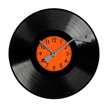 Beyaz zemin üzerinde Vinil Disk Oynatıcı Biçimli Modern Duvar Saati. 3d Hazırlama