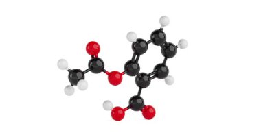 4k Çözünürlük Videosu: Aspirin Molekülünün Yapısal Modeli Alfa Mate ile beyaz bir arkaplan üzerinde Döndürüldü