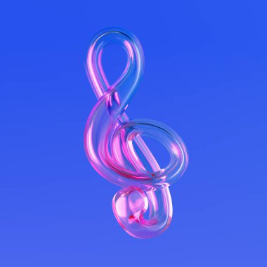 Mavi arka planda parlak ışıklı şeffaf Glass Treble Clef Simgesi. 3d Hazırlama