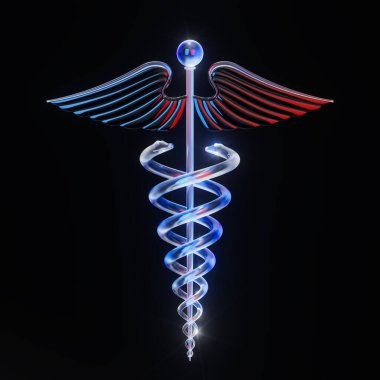 Krom Medikal Caduceus Sembolü, Neon Light 'ın siyah arka planında. 3d Hazırlama