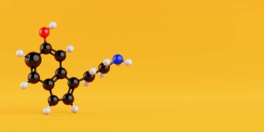 Sarı zemin üzerinde Serotonin Molekül Kimyasal Formülünün Yapısal Modeli. 3d Hazırlama