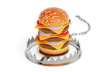 Diyet Konsepti. Metal Ayı Tuzağı ve beyaz arka planda Lezzetli Çizburger. 3d Hazırlama