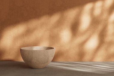 Ev Dekorasyonu, Spa ve Sağlık Markası Konsepti. Dokulu Sıcak Duvar Arkaplanındaki Minimalist Taş Seramik Kasesi. Güneş ışığı ve Yumuşak Gölgeler çok yakın çekim yapıyor. 3d Hazırlama