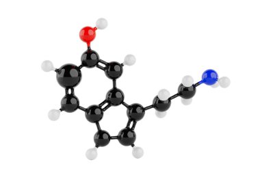 Beyaz zemin üzerinde Serotonin Molekül Kimyasal Formülünün Yapısal Modeli. 3d Hazırlama