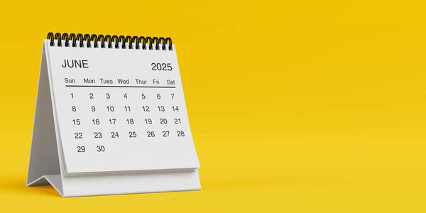 White Desk Monthly June 2025 Business Calendar on a yellow background. 3d Rendering