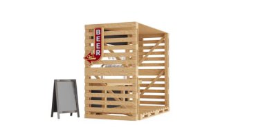 4k Resolution Video: Rustic Vibe Caliting Street Bar Setup. Metal Tap ve Boş İmza İşaretli Tahta Bira Booth Alfa Matte ile beyaz bir arkaplanda dönüyor