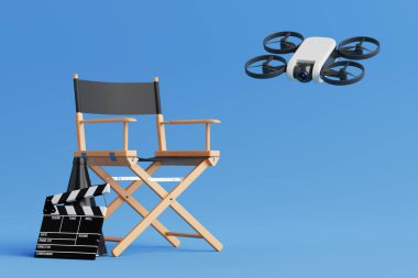Yaratıcı Film Yapım Süreci Konsepti. Yönetmen koltuğu, el çırpma tahtası ve Mavi Stüdyo Arkaplanda Uçan Drone. 3d Hazırlama
