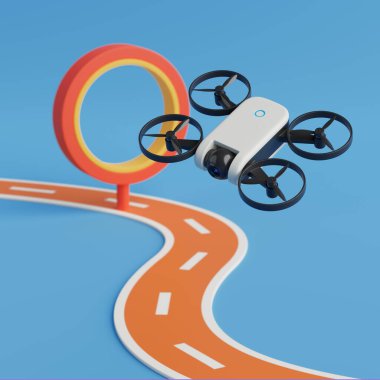 Drone Navigasyon Eğitim Konsepti. Mavi arka planda kıvrımlı ve kontrol noktası olan küçük uçan bir dron. 3d Hazırlama