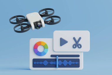 Hava Video Üretim Konsepti. Beyaz Drone Mavi Arkaplanda Görüntü Düzenleme 'yi temsil eden Arayüz Elementleri' nin üzerinde geziniyor. 3d Hazırlama