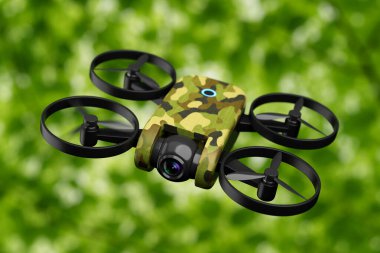 Gözetim ve Keşif Konsepti. Kamera ile kamuflaj dronu Bulanık Yeşil Yaprak Arkaplanı üzerinde uçuyor. 3d Hazırlama