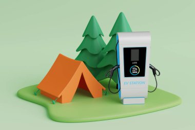 Çevre Seyahati ve Sürdürülebilir Hareket. Açık yeşil arka planda çadır ve çam ağaçları olan EV şarj istasyonu. 3d Hazırlama