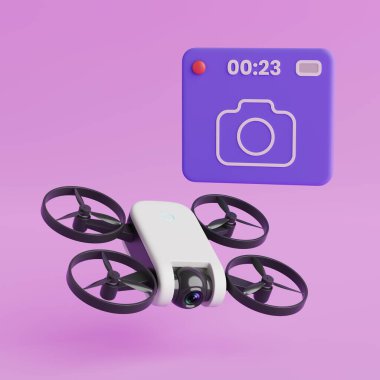 Yaratıcı Film Yapım Süreci Konsepti. Yönetmen koltuğu, el çırpma tahtası ve Mavi Stüdyo Arkaplanda Uçan Drone. 3d Hazırlama