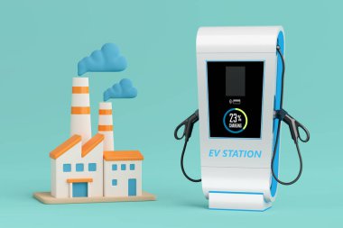 Enerji Geçişi Konsepti. EV şarj istasyonu ve Cyan arka planında duman olan fabrika. 3d Hazırlama