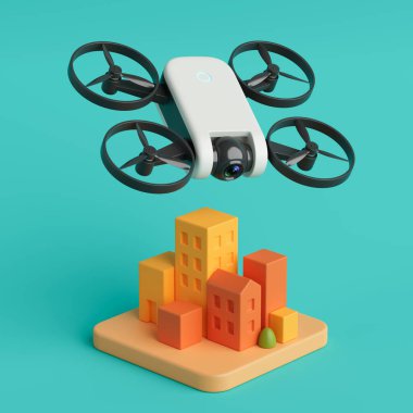 Akıllı Şehir Teknoloji Konsepti. Mavi Arkaplan 'daki Çizgi Film Şehir Binaları' nda Gözetleme Dronu Uçuyor. 3d Hazırlama