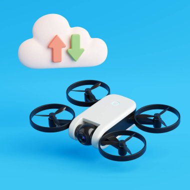 Drone Veri Aktarımı Konsepti. Bulut Simgesinin Altında Uçan Beyaz Drone Parlak Mavi Arkaplana Okları Yükle ve İndir. 3d Hazırlama
