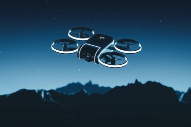 Gece İHA Gözetleme Konsepti. Led Lights 'lı Uçan Kamera Mavi Gece Arkaplanındaki Karanlık Dağ Manzarası. 3d Hazırlama