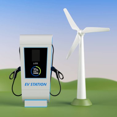 Yeşil Enerji Şarj Konsepti. Mavi Gradyan Manzaralı Rüzgâr Türbinli Elektrikli Araç İstasyonu. 3d Hazırlama