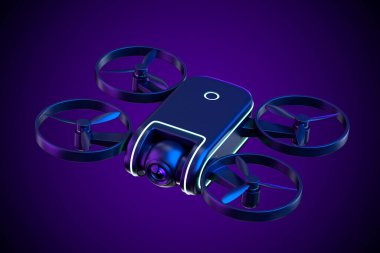 Gelişmiş Hava Teknolojisi Konsepti. Gradyan Mor Arkaplan 'da Kameralı Quadcopter Drone. 3d Hazırlama