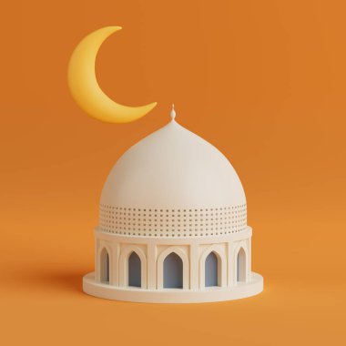 İslam Ruhsal Kavramı. Canlı Turuncu Arkaplanda Hilal Ay 'ı olan Beyaz Cami. 3d oluşturma