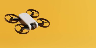 Modern Teknoloji ve Hava Fotoğrafçılığı Konsepti. Kamera ve siyah pervaneli beyaz kuadkopter dronu sarı arka planda izole edildi. 3d Hazırlama