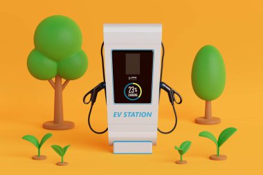 Eko Enerji Konsepti. Parlak turuncu arka planda yeşil ağaçlarla çevrili elektrikli taşıt şarj istasyonu. 3d Hazırlama