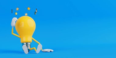 Yorgunluğun ya da başarısızlığın yaratıcı kavramı. Ampul Karakteri Mavi Arkaplanda Yıldızların Dönüşü Altında Oturuyor. 3d Hazırlama