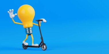 Çevre Taşımacılığı Konsepti. Mavi Arkaplanda Elektrikli Scooter kullanan Ampul Karakteri. 3d Hazırlama