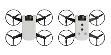 Modern Teknoloji ve Hava Fotoğrafçılığı Konsepti. Kamera ve siyah pervaneli beyaz arka planda izole edilmiş Beyaz Quadcopter Drone. 3d Hazırlama