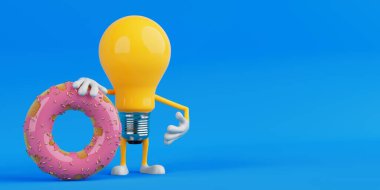 Tatlı Fikir Konsepti. Ampul Tutucu Pembe Donut Mavi Arkaplanda Serpiştirilmiş. 3d Hazırlama