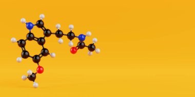 Kimya Bilimi Konsepti. Renkli Melatonin Moleküler Yapı Modeli ile Sarı Arkaplanda Bağlı Atomlar. 3d Hazırlama